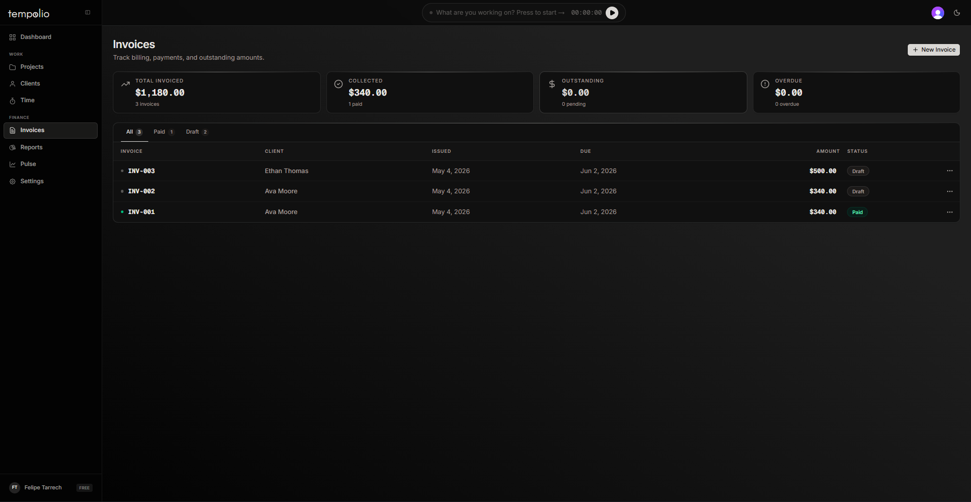 Tempolio invoices view with sent and paid invoice history