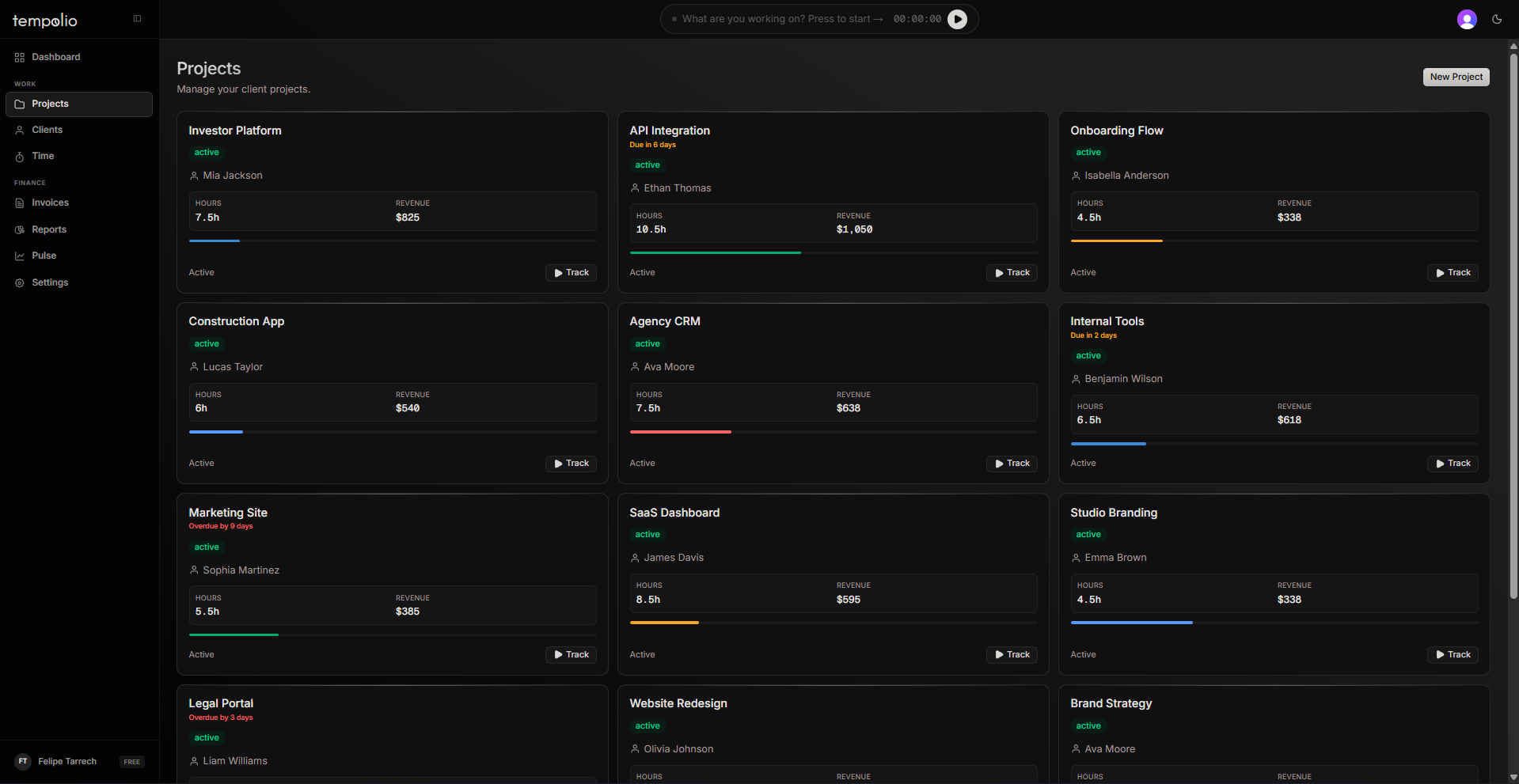 Tempolio projects view showing active clients and progress