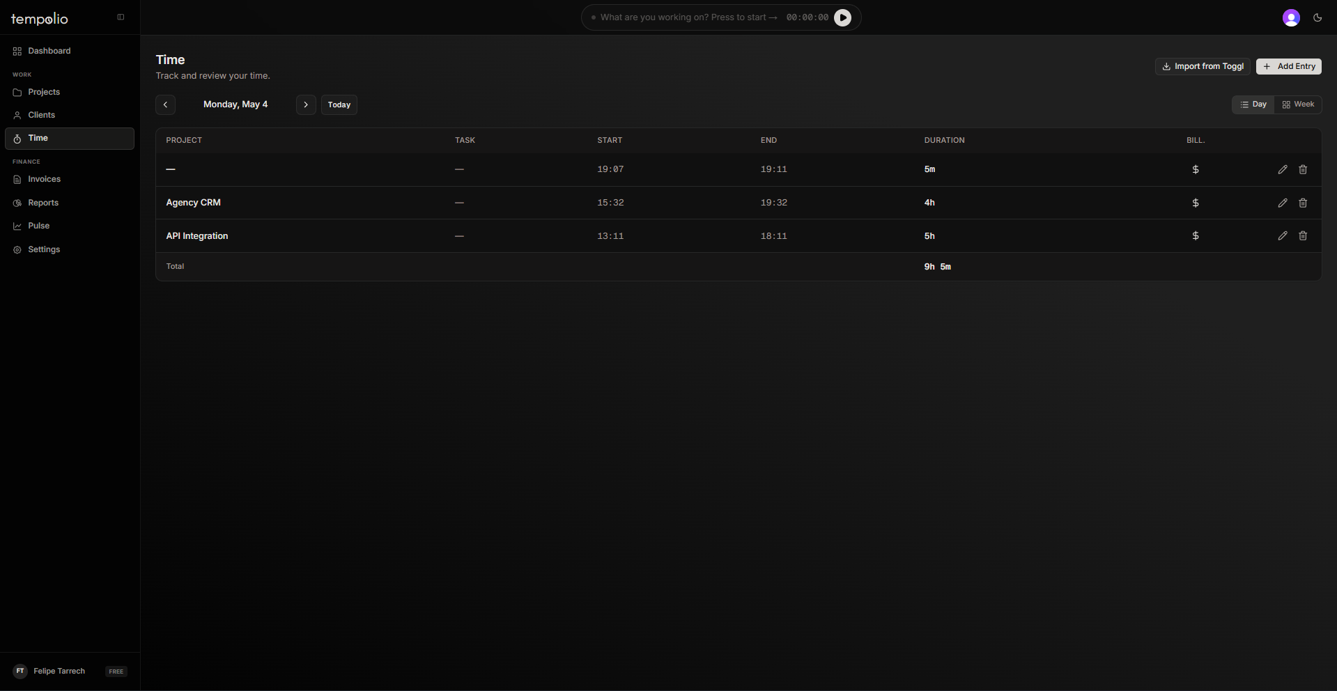 Tempolio time tracking view with active timer and logged entries